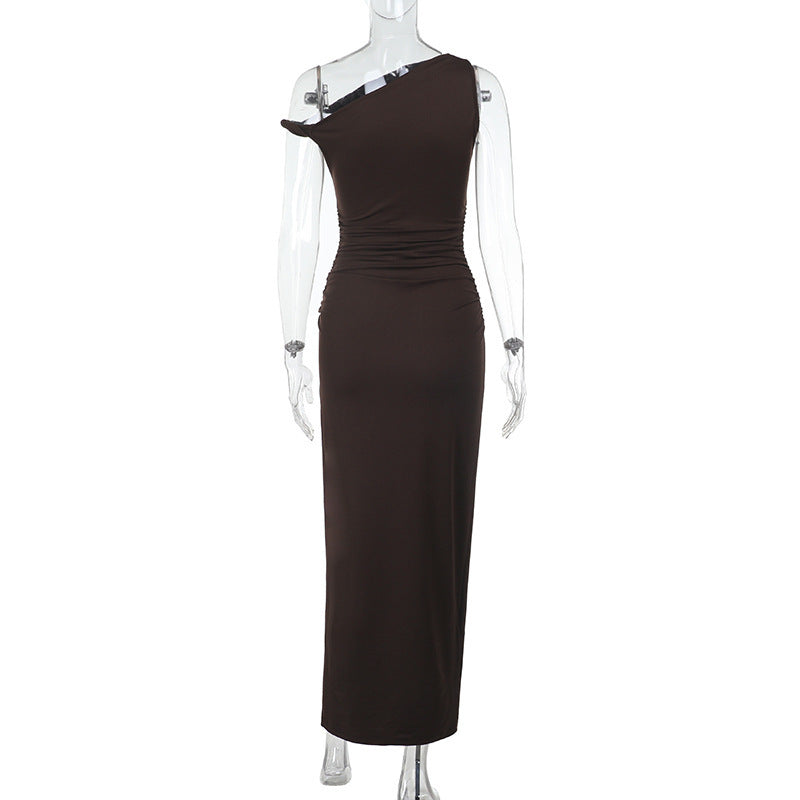 Women Sexy Slash Shoulder Slit Sleeve Solid Dress 5