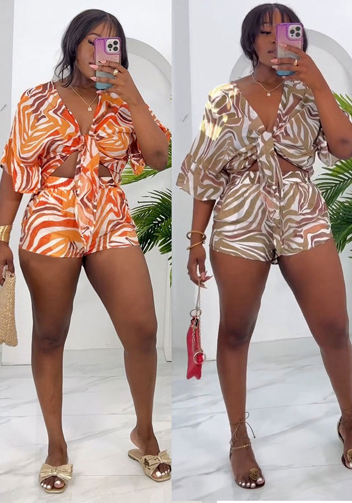 Printed Lace-Up Bat Sleeves Loose Two-Piece Shorts Set