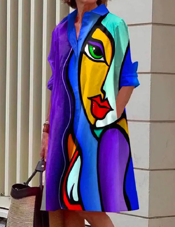 Fashion Print Turndown Collar Long Women's Shirt Dress 13