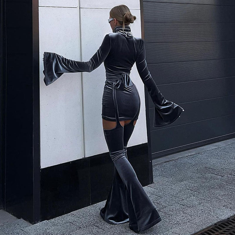 Autumn Women's Sexy Velvet Turtleneck Dress High Waist Straps Bell Bottom Pants Two Piece Set For Women