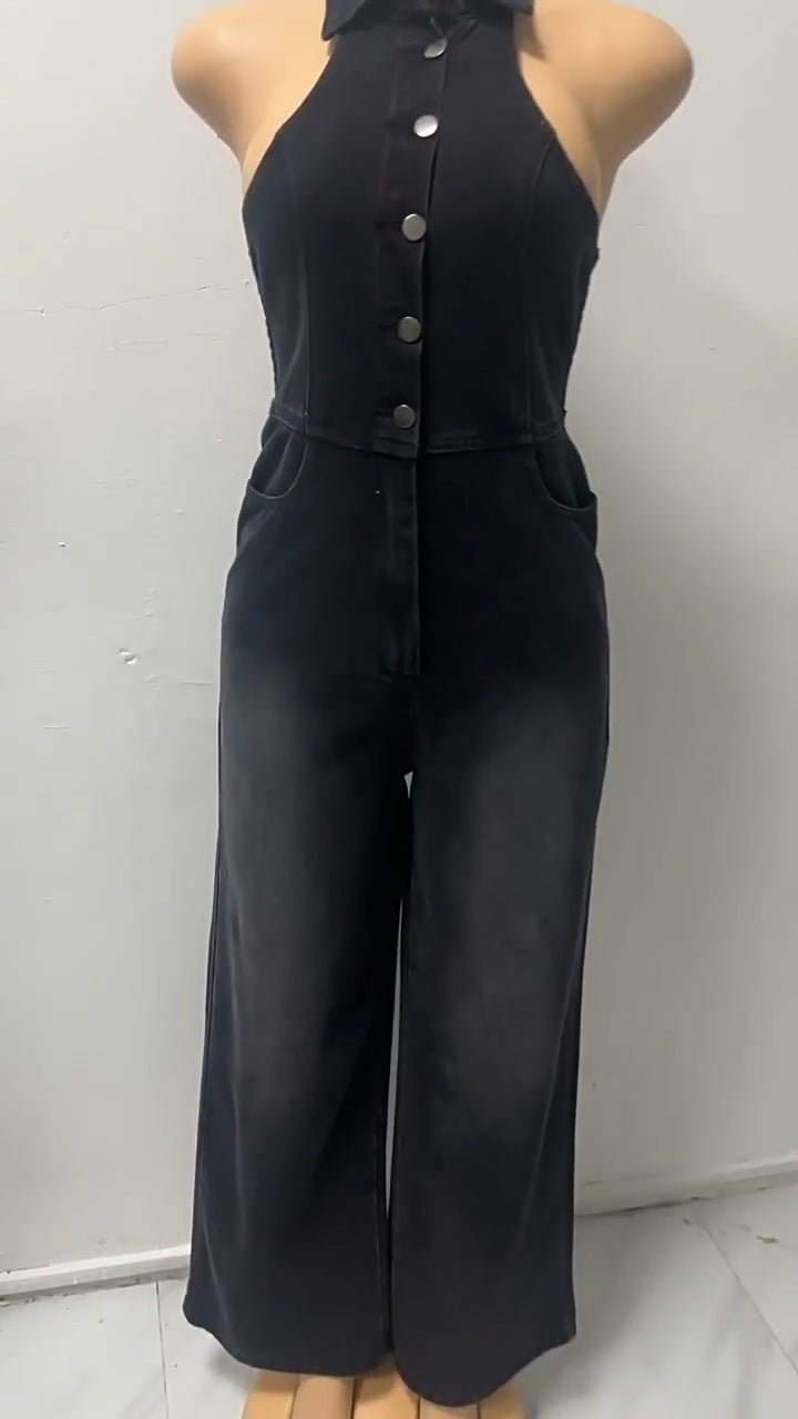 Women summer turndown collar Halter Neck backless denim jumpsuit 11