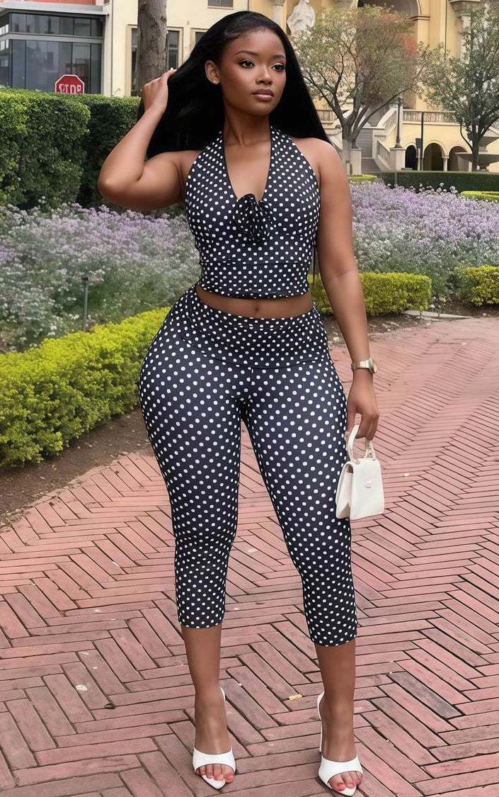 Women's Autumn Sleeveless V-Neck Halter Neck Low Back Tight Fitting Casual Two-Piece Pants Set