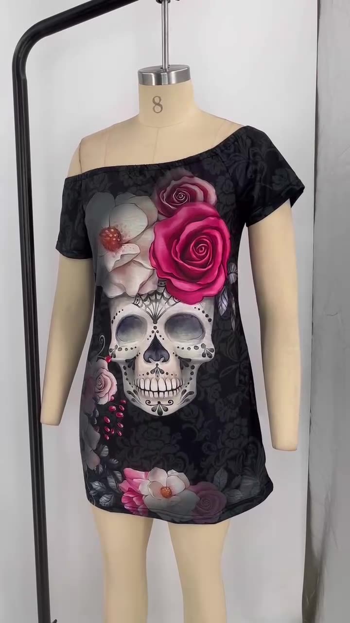 Women Sexy Slash Shoulder Skull Print Short Sleeve Dress 8