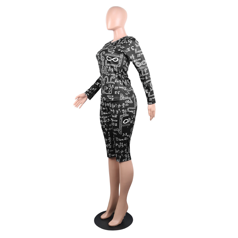 Women's Print Tight Fitting Long Sleeve Two-Piece Midi Shorts Set 11