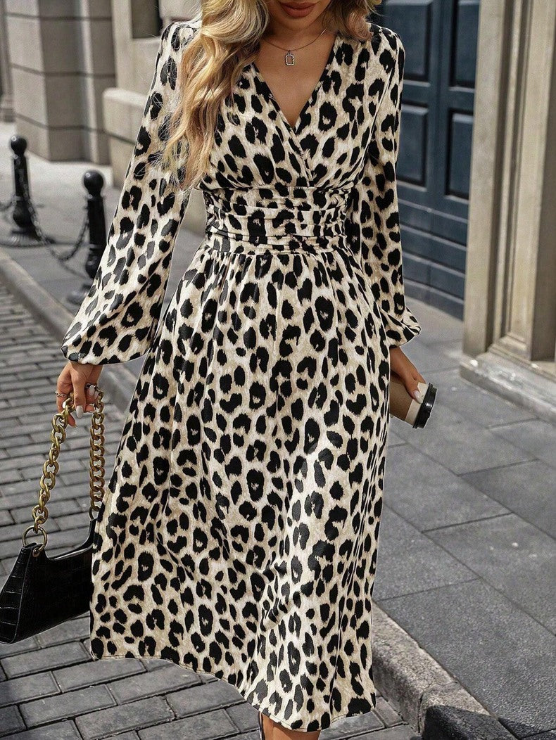 Leopard Print Women Autumn Lantern Sleeve Long Dress 9