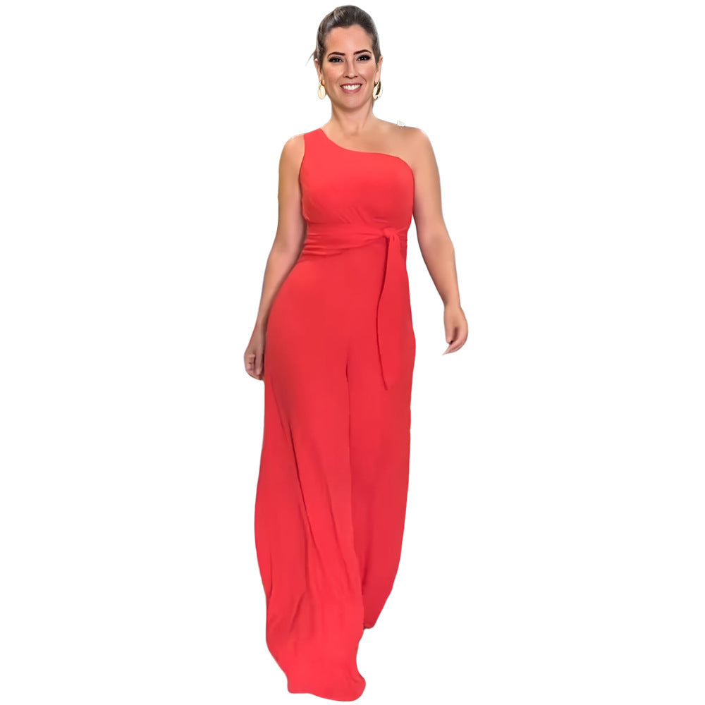 Casual Solid One Shoulder Slim Waist Wide Leg Bell Bottom Women's Jumpsuit 7