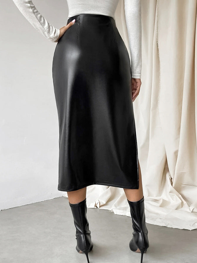Black Sexy Autumn Winter Mid-Length PU Leather Skirt 8