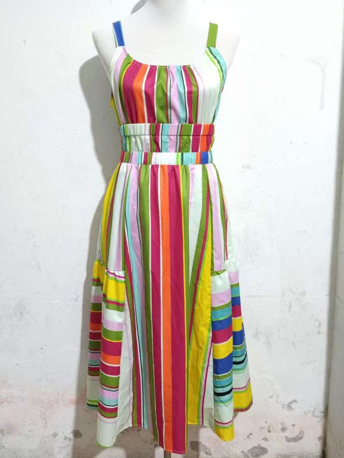 Women Bohemian Holidays Back Hollow Tassel Lace-Up Pocket Stripe Strap Dress 9