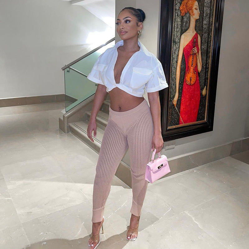 WomenSexy Knot Solid Polo Collar Crop Shirt 7