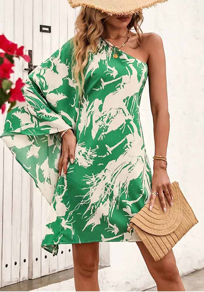 Women Slash Shoulder Bell Bottom Sleeve Print Dress