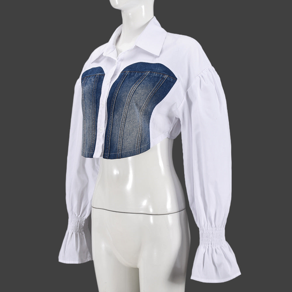 Women's Autumn Denim Patchwork Crop Bell Bottom Sleeve Women's Shirt 9