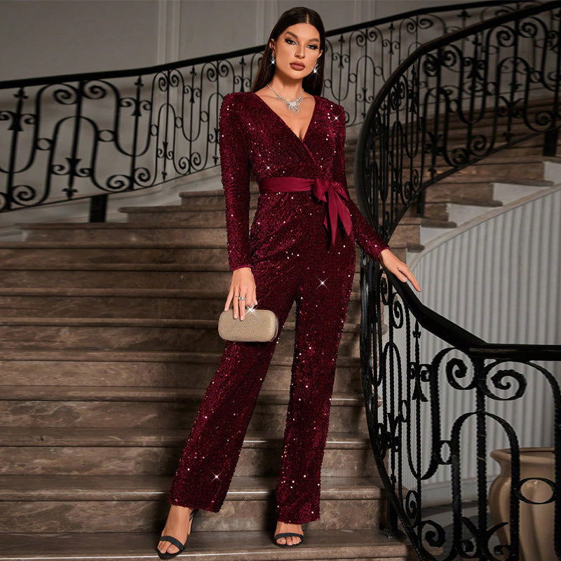 Women Solid Sequin Long Sleeve Waist Jumpsuit 6