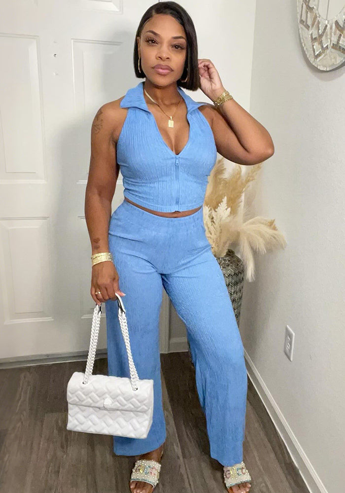 Sexy V-Neck Sleeveless Top Wide-Leg Pants Summer Two Piece Set