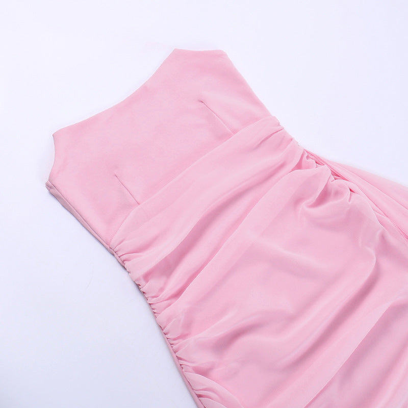 Women sexy Strapless Mesh ribbon party solid dress 12