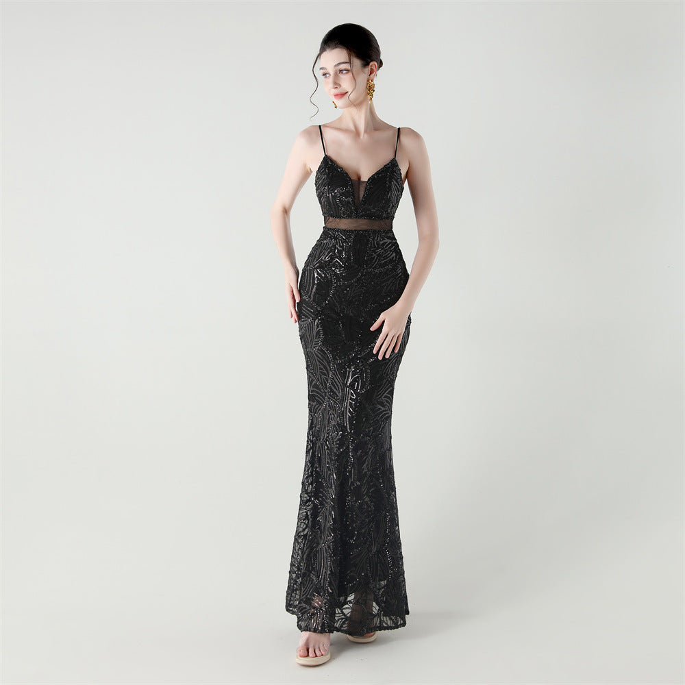 Women See-Through Mesh back cross Lace-Up fishtail sequined evening dress