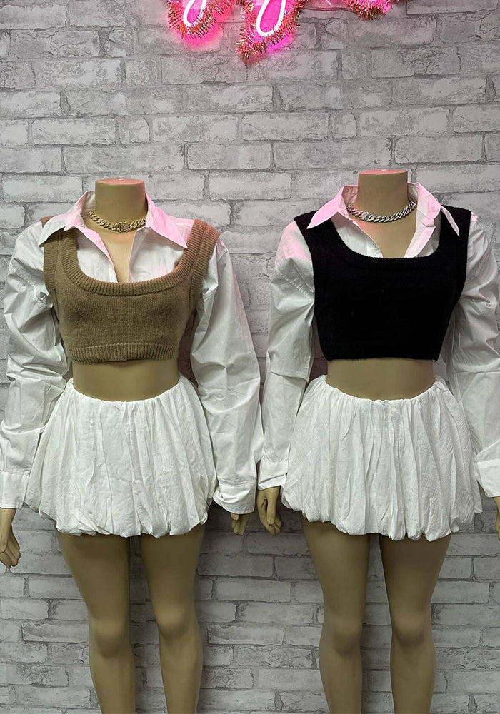 Fashionable American women's autumn Casual shirt bubble skirt two piece set