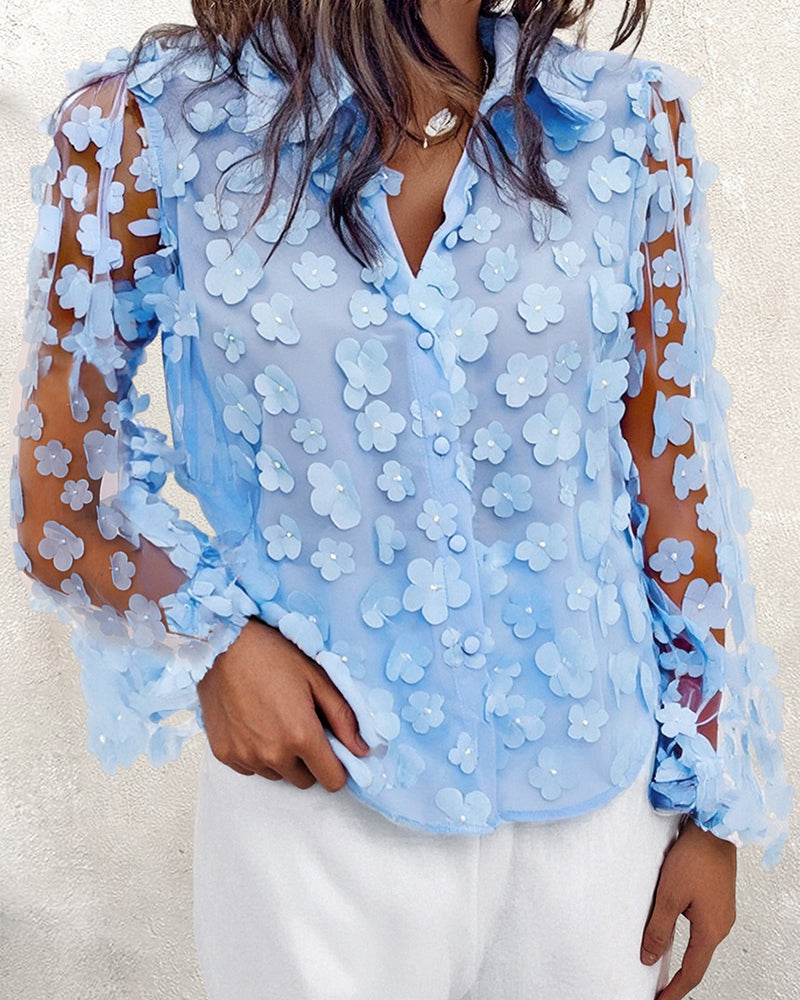 Women's Light Blue Floral See-Through Mesh Lantern Sleeve Shirt 4