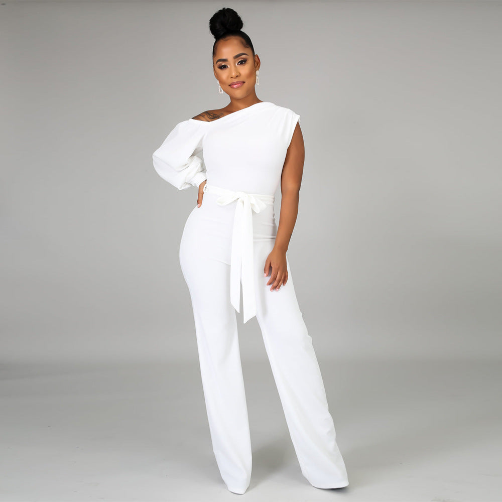 Women Solid Color One Shoulder Wide Leg Jumpsuit 7