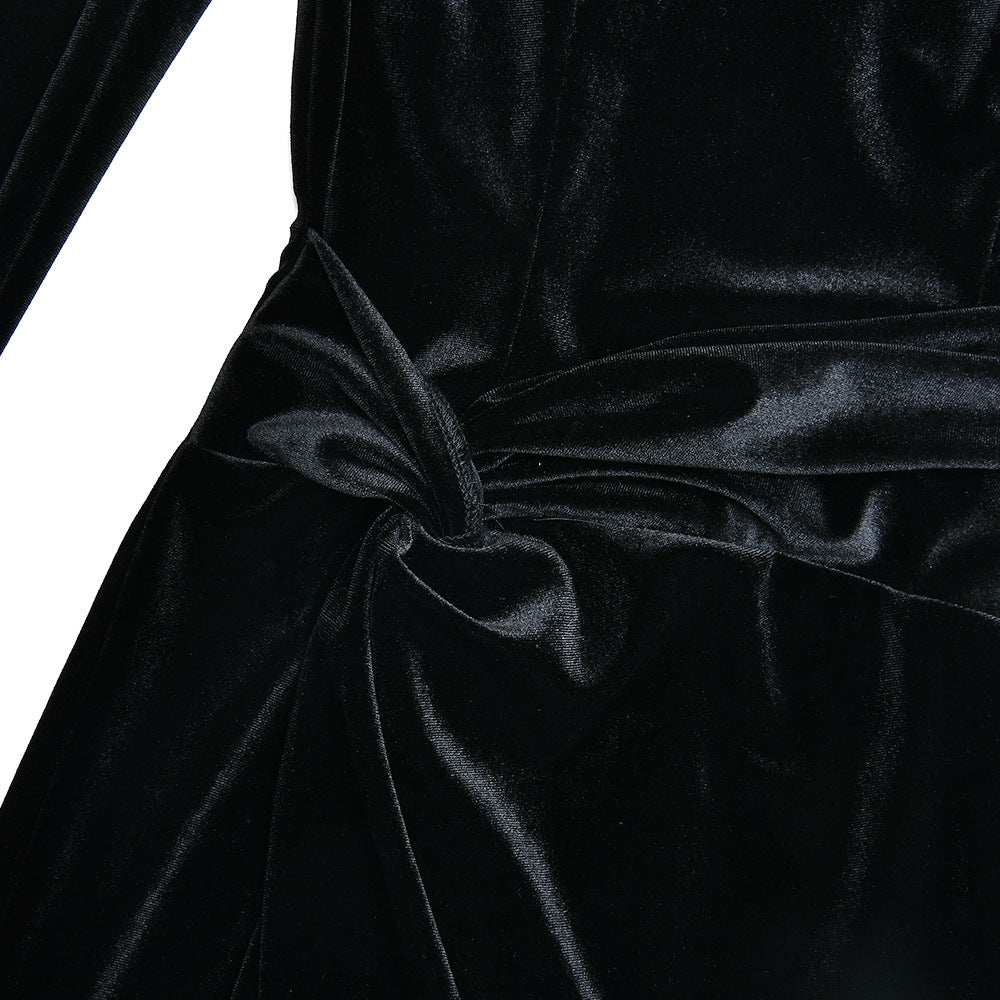 Spring Elegant Long Sleeve Velvet Slit Pleated Square Neck Long Dress 12