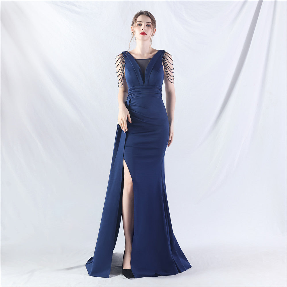 Women Satin Pleated Beaded Evening Dress 5