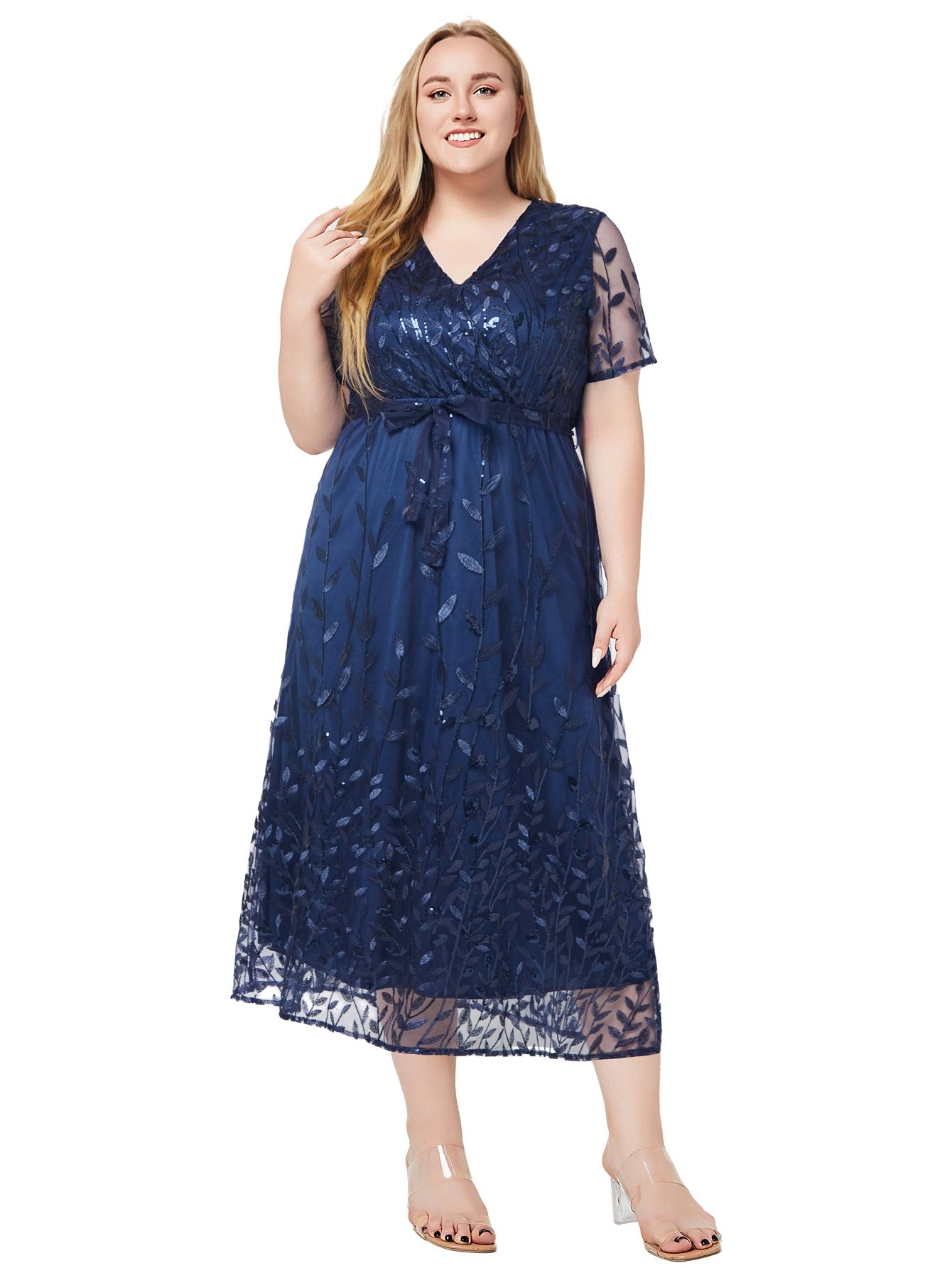 Plus Size Women Spring and Summer V Neck Short Sleeve Sequin Dress 4