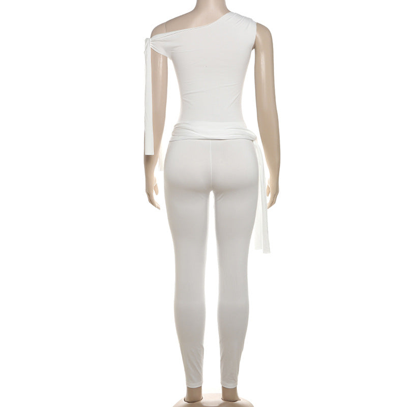 Summer Women's Lace-Up One-Shoulder T-Shirt High Waist Slim Casual Pants Two Piece Set For Women 10