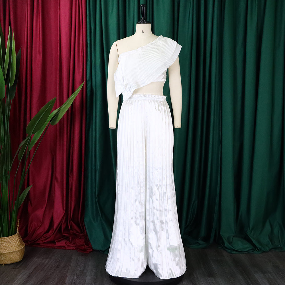 Women's Slash Shoulder Low Back Ruffled Sexy Top Pleated Wide Leg Pant Two-Piece Set 13