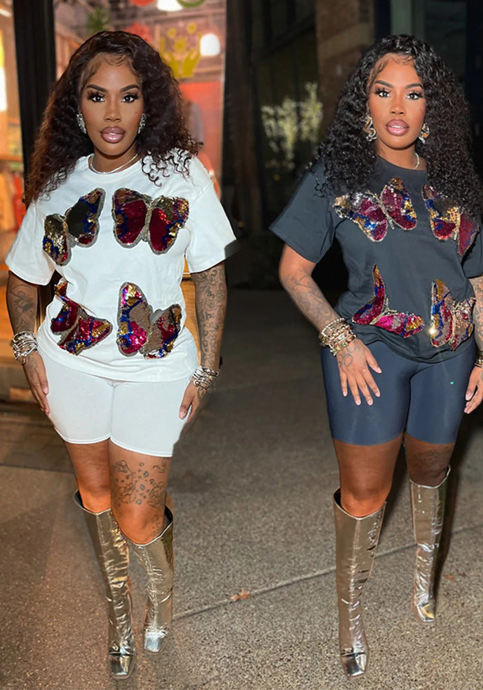 Women Casual Sequin Top and Shorts Two-Piece Set