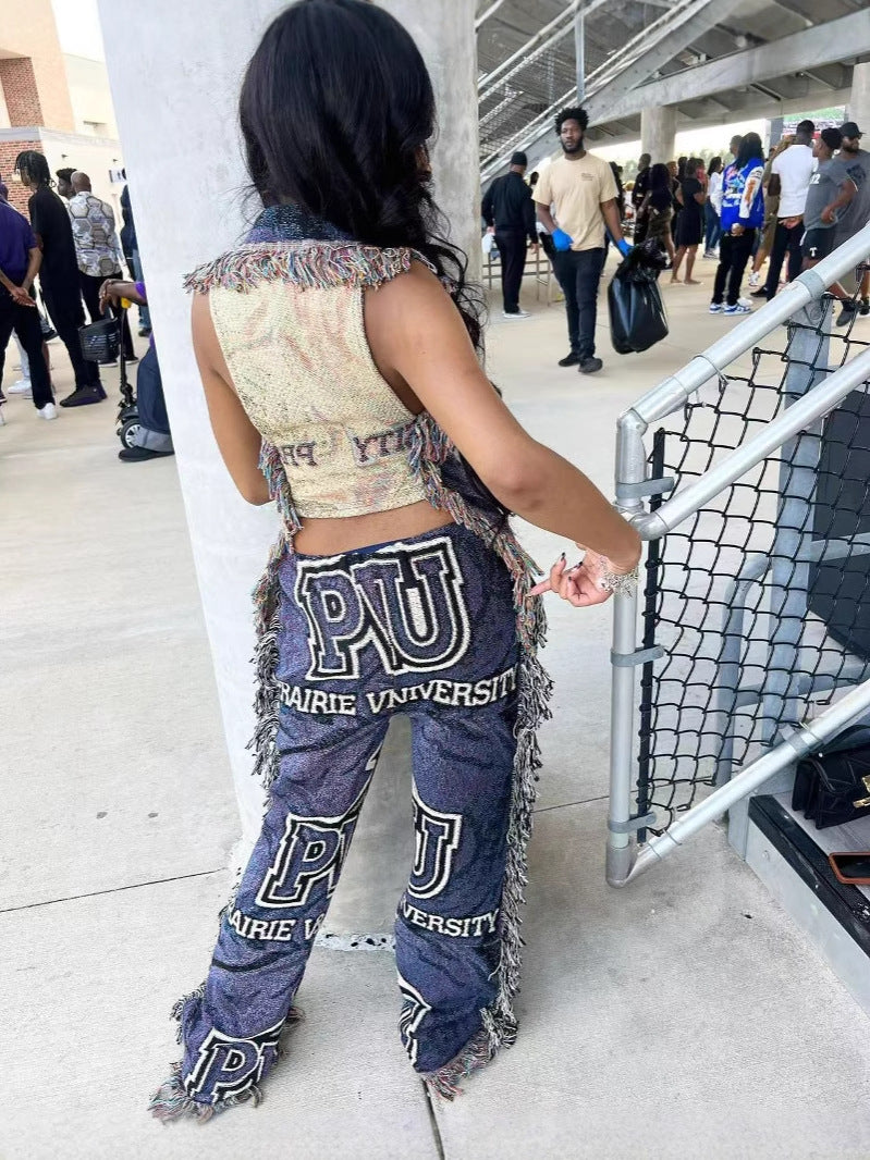 Women casual multi-color print tassel pants