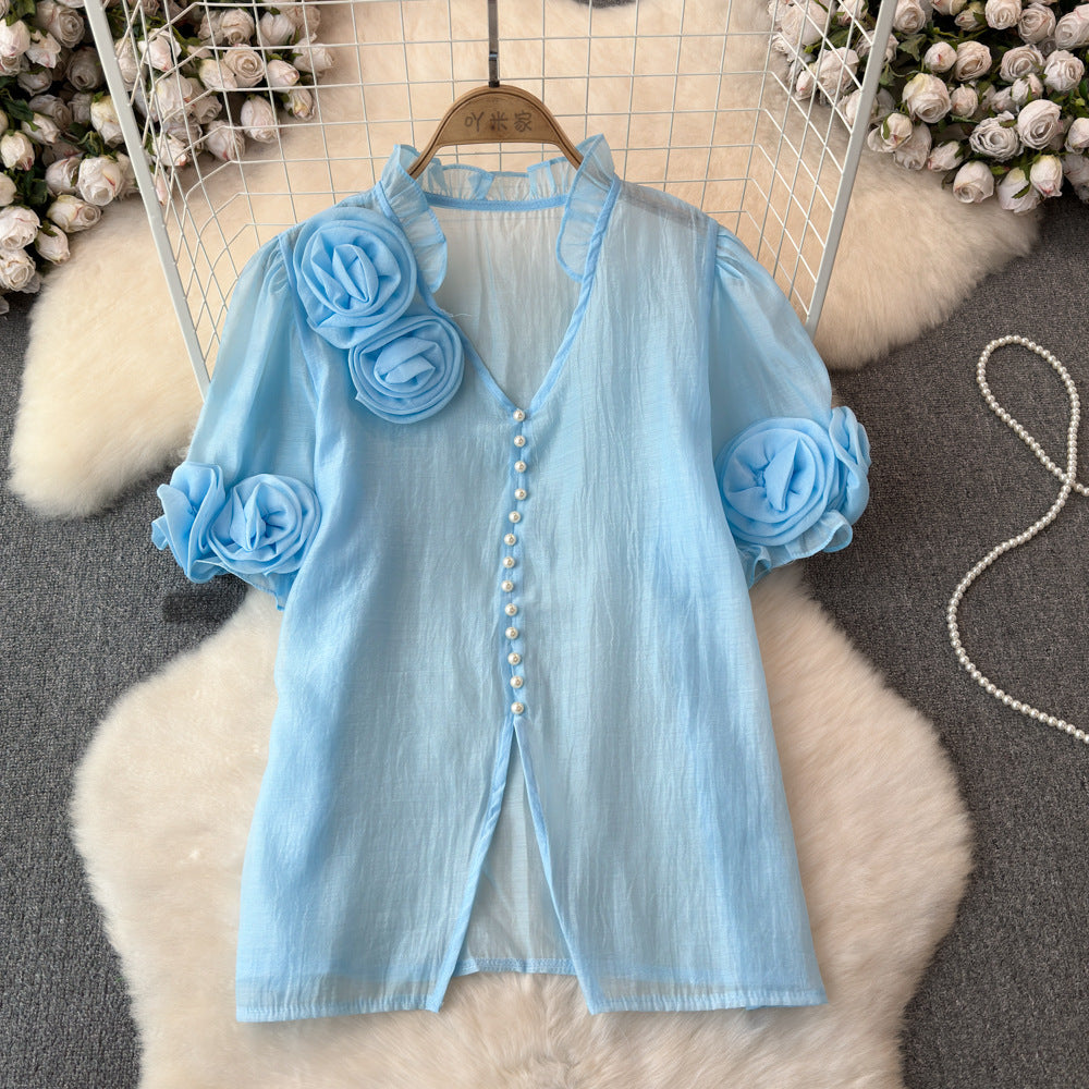 Women French Summer Short Sleeve Flower Mesh Shirt 7