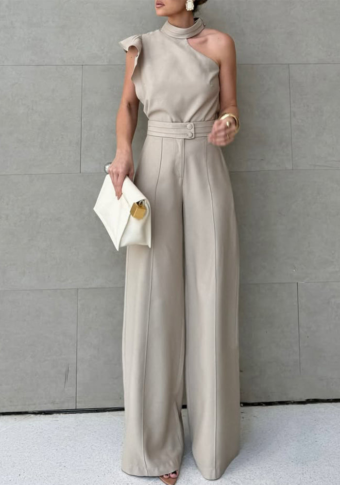 Halter Neck Top + Solid Straight-Leg Pants Two-Piece Set