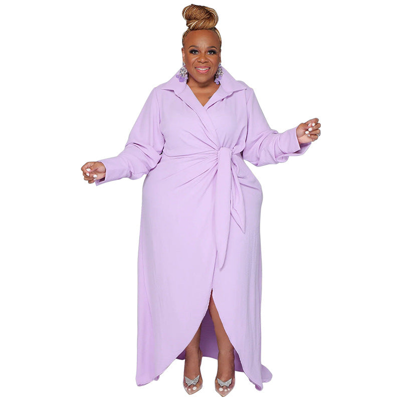 Women's Plus Size Long Sleeve Turndown Collar Slit Sexy Dress For Women 7
