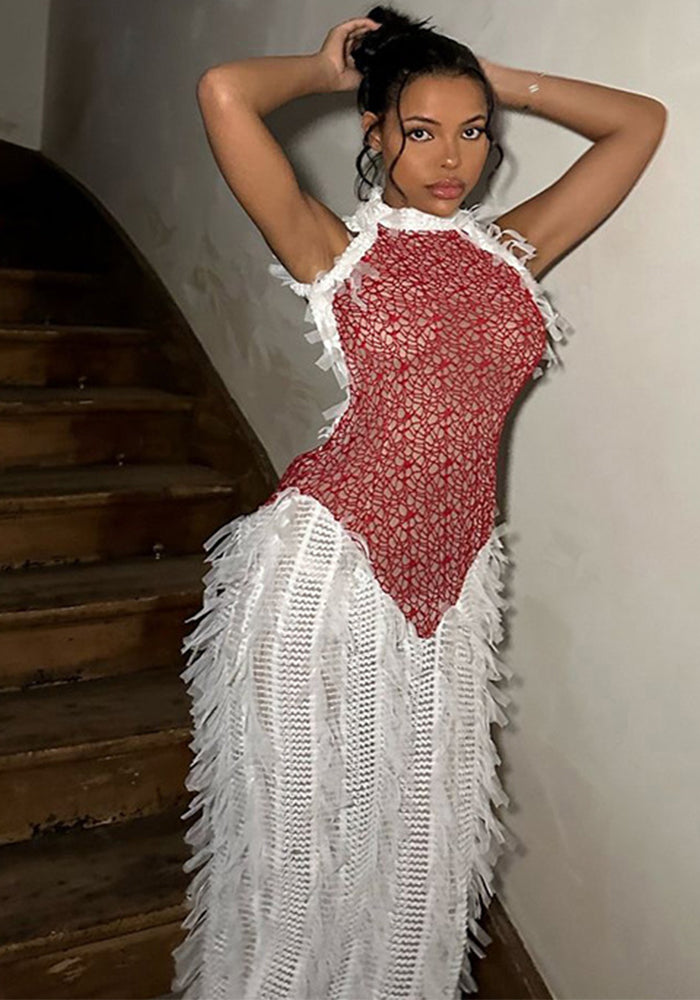 Summer Women's Trendy Sleeveless Fringe See-Through Patchwork Low Back Maxi Dress