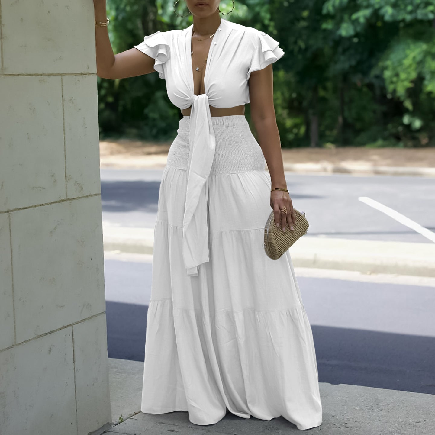 Plus Size Women Short Sleeve Lace-Up Top And Wide Leg Pants Two-Piece Set 10