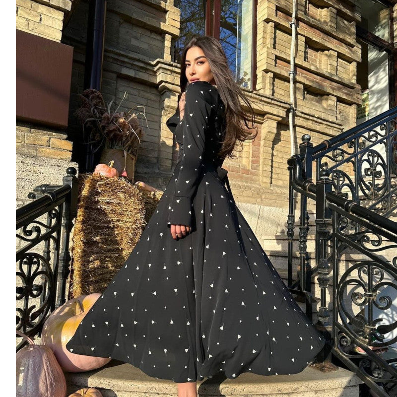 Autumn Fashion Chic Printed Long Sleeve High Waist Belted Women's Long Dress 7