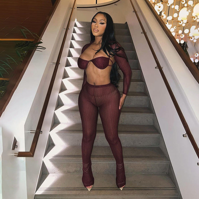 Summer Women's Fashion Trend Long-Sleeved Crop Top Lace Bra Sexy Slim Pants Set 6