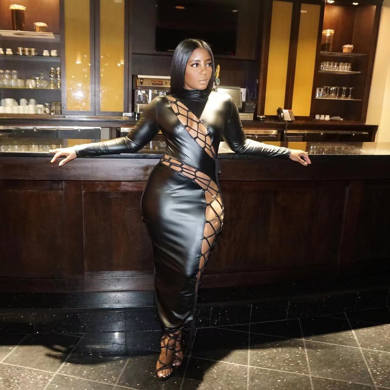 Fall Winter Style Lace-Up Pu Leather Dress 5