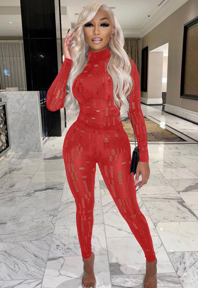 Spring Red Sexy Hollow Out Tight Top and Pants Two Piece Set