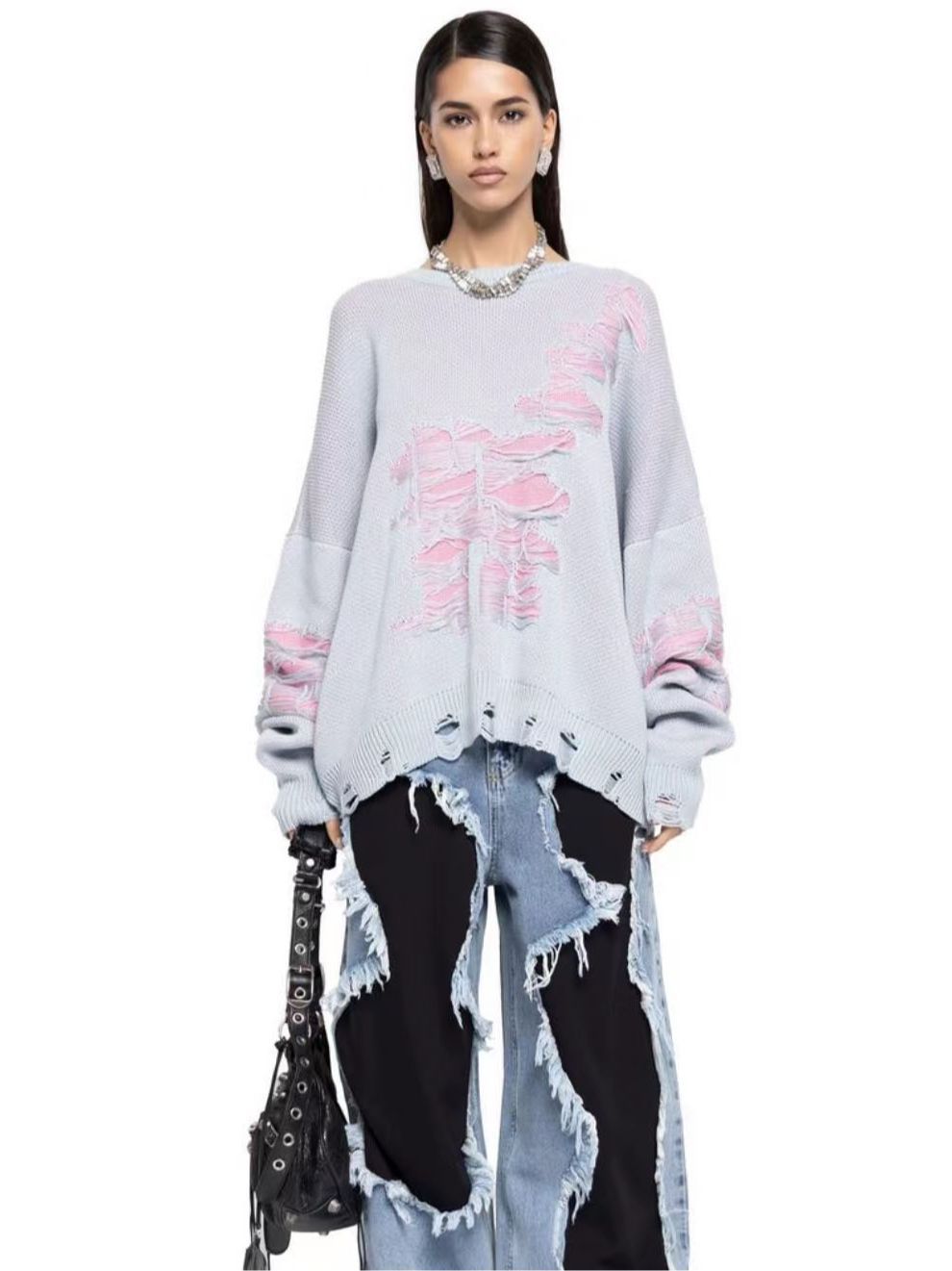 Plus Size Women Long Sleeve Ripped Loose Sweater 8