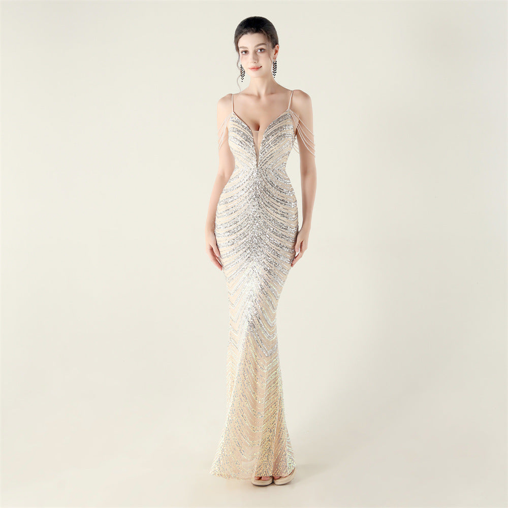 Plus Size Women V Neck Wave Gradient Beaded Beaded Formal Party Evening Dress 7