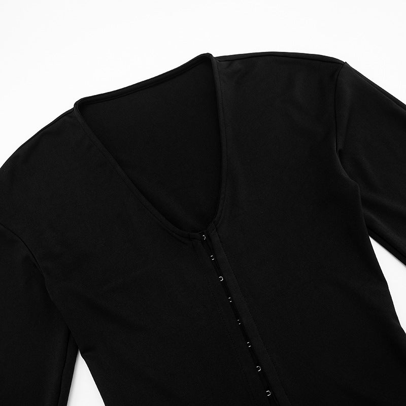 Women's Autumn Winter Round Neck Buttons Slim Waist Long Sleeve Top Shorts Set 17