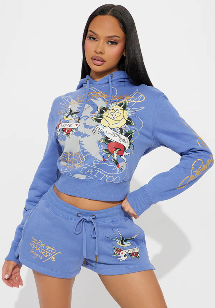 Women Print Hoodies and and Shorts Two-Piece Set