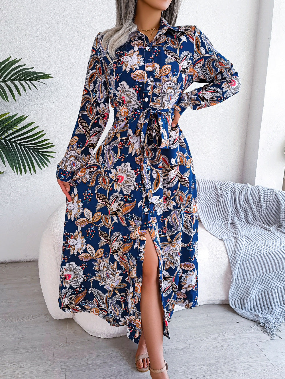 Women Vintage Floral Turndown Collar Tie Shirt Dress 5