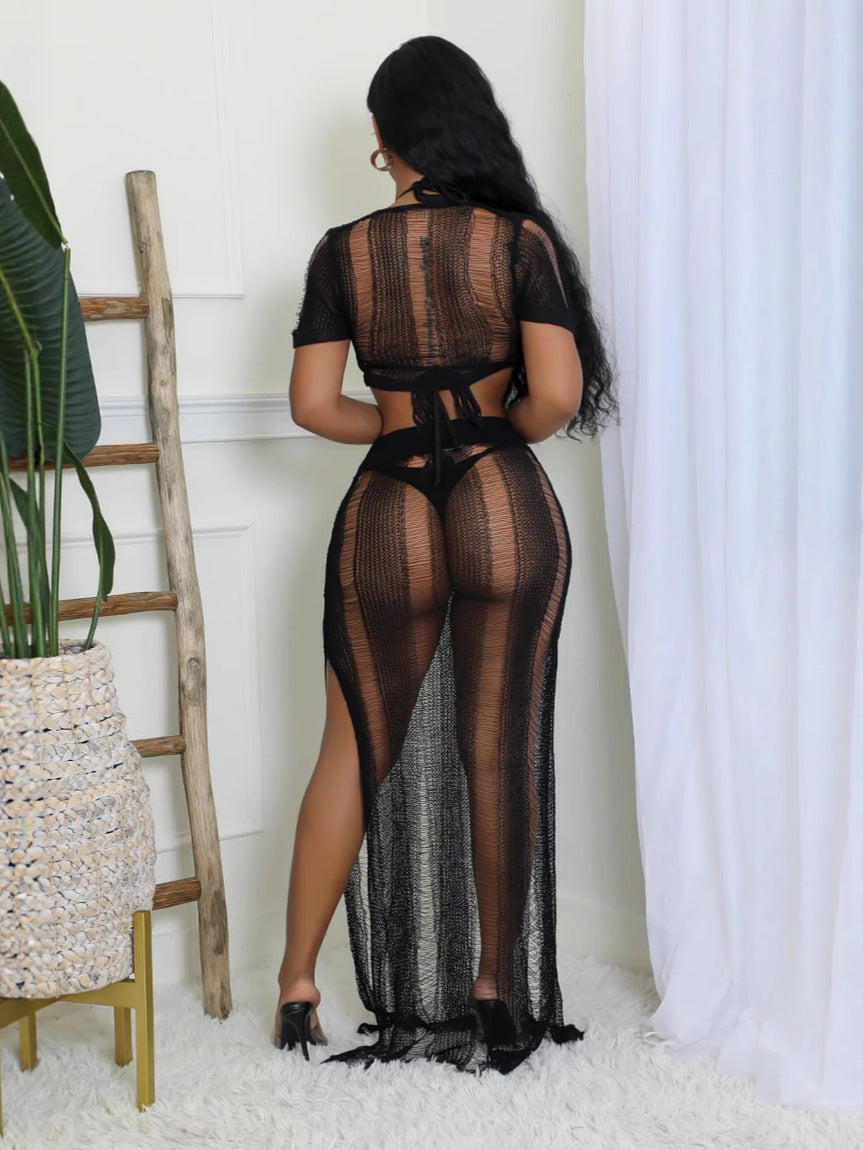 Women's Summer Sexy Side-Slit Hollow Knitting Long Skirt Two-Piece Set 6