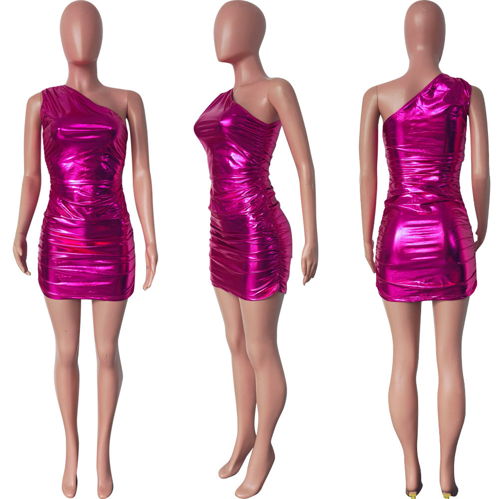 Women One-shoulder Pleated Sexy Dress 7