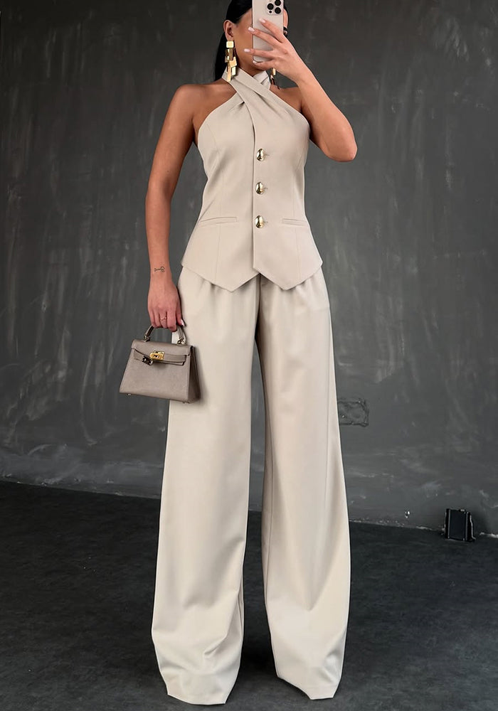 Women Summer Halter Neck Sleeveless Vest Top Trousers Casual Two Piece Set