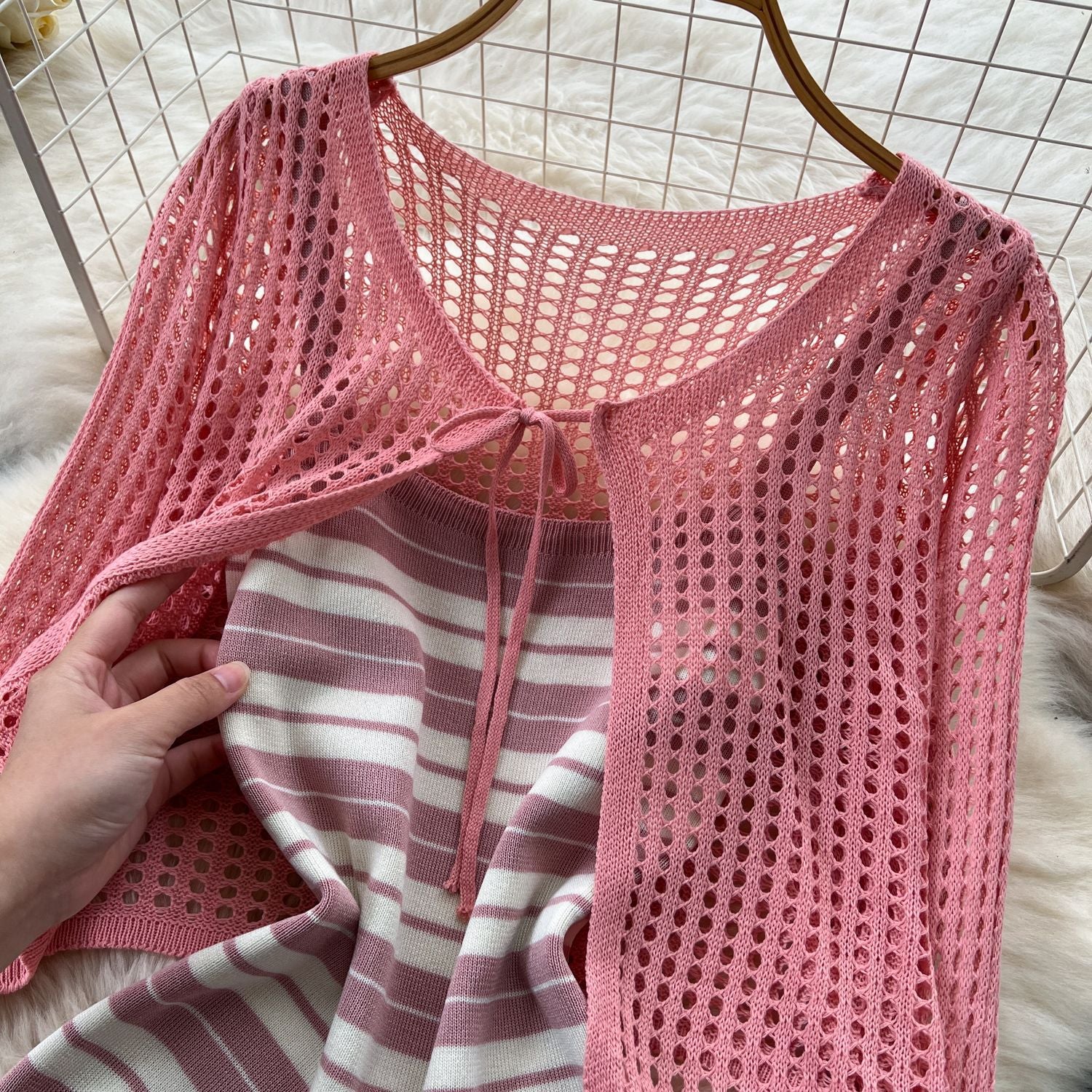 Tie Up Cardigan Low Back Strap Slim Fit Chic Stripes Knitting Dress 13