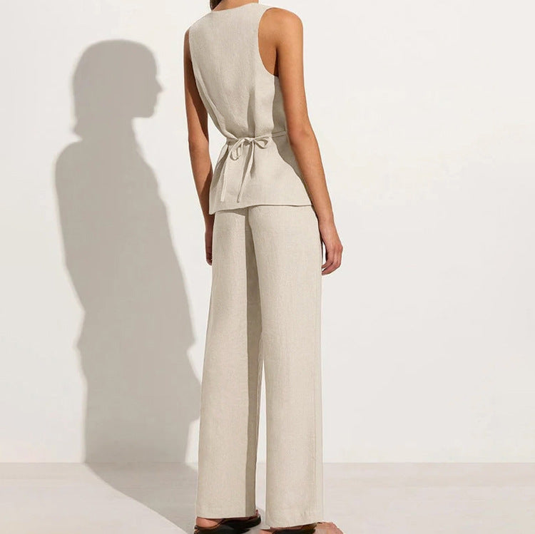 Women Career Sleeveless square neck tie vest vest wide leg pants two-piece set 4