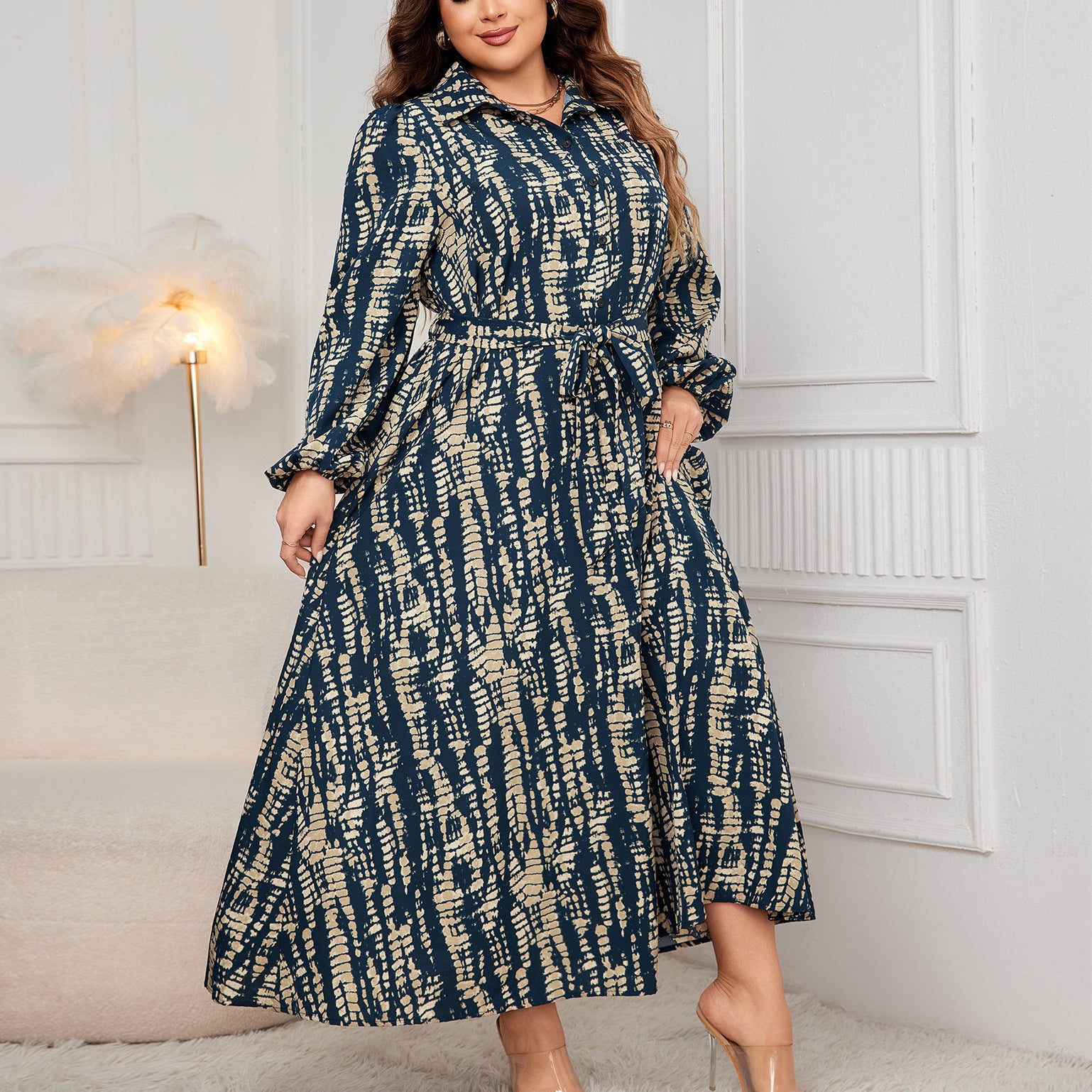 Plus Size Printed Trundown Collar Long-Sleeved Belt Maxi Dress 4