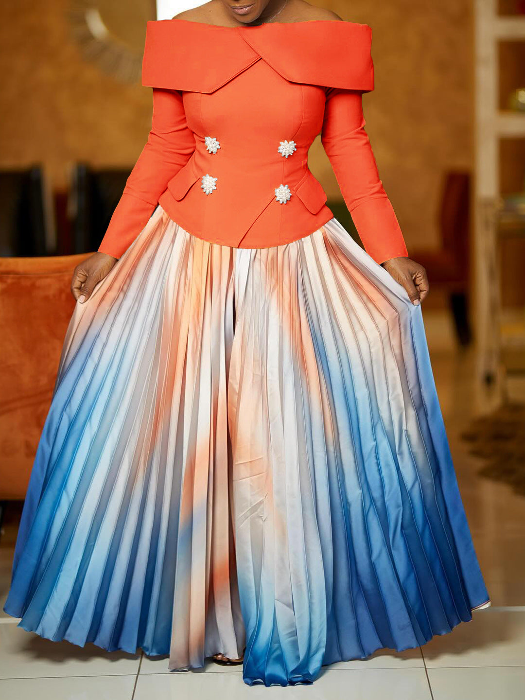 Women Elegant Off Shoulder Top and Print Long Skirt Two-Piece Set